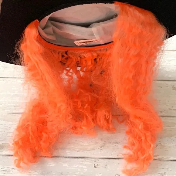 Black Velvet Witch Hat Costume Orange Curly Hair Wig Attached Chevron Print NEW - Picture 4 of 4